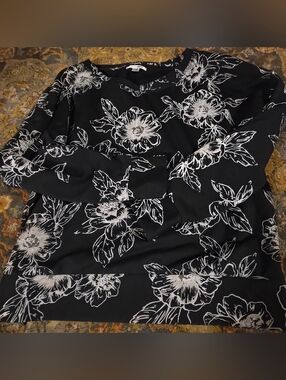Amuse Society Black Long Sleeve Floral Tee with White Pink Flower Print